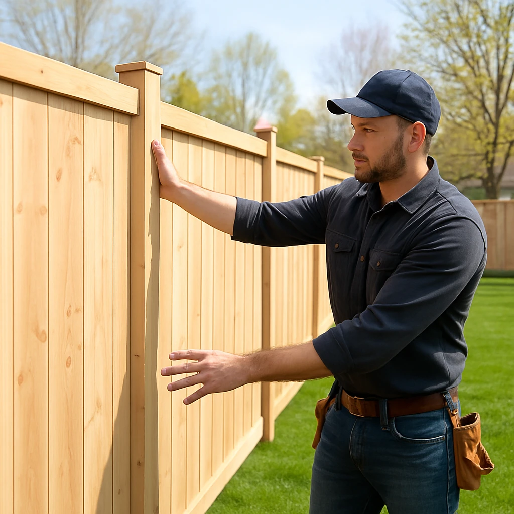 Close view of fence posts and panels being checked for alignment in spring