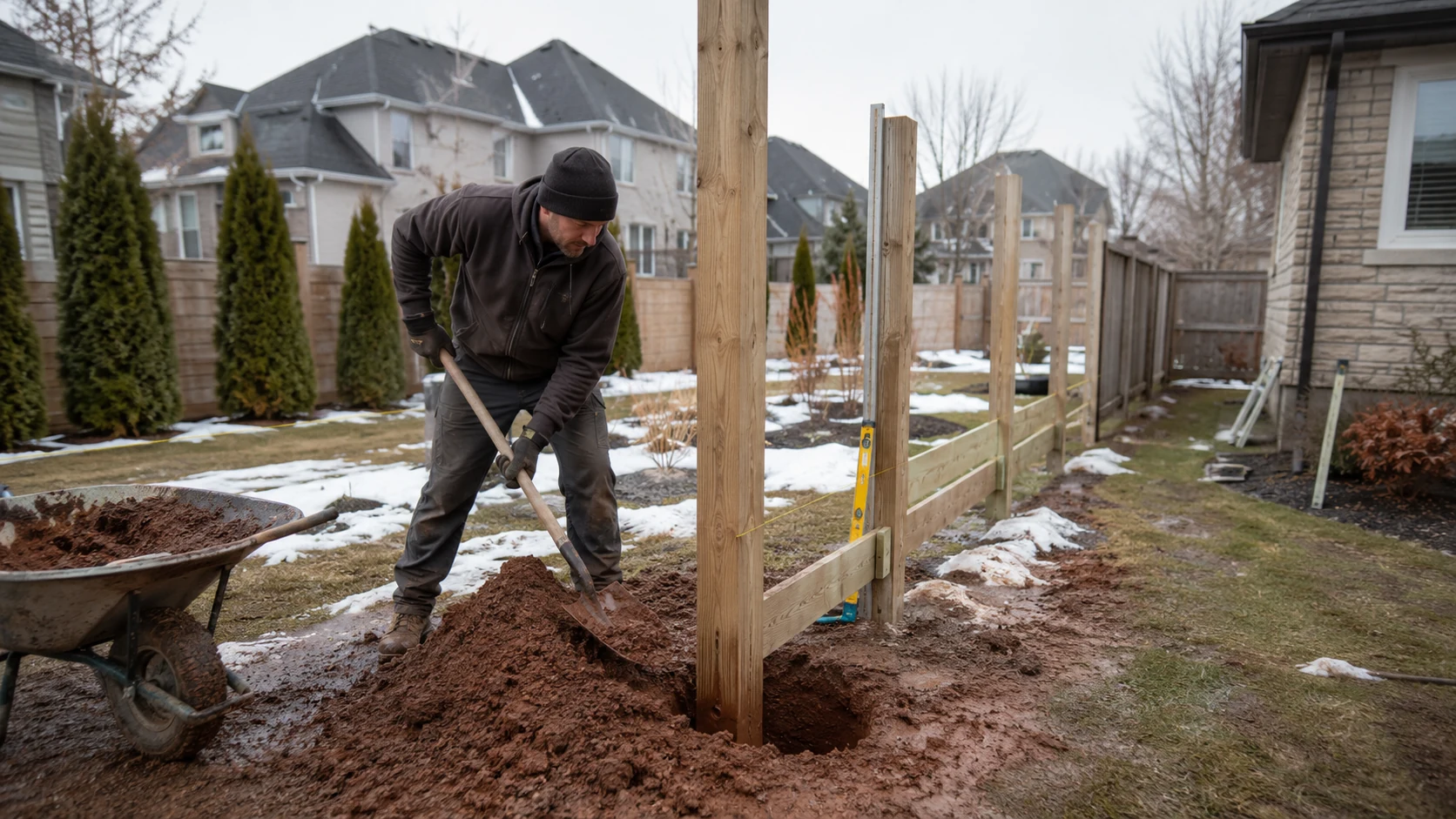 Ottawa fence-post installation being prepared in moisture-sensitive clay soil