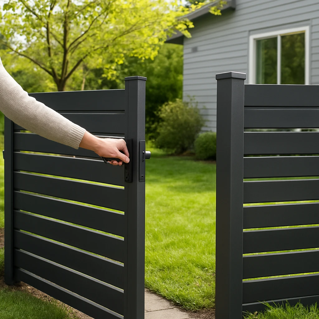 Residential fence gate being checked for alignment and proper closing